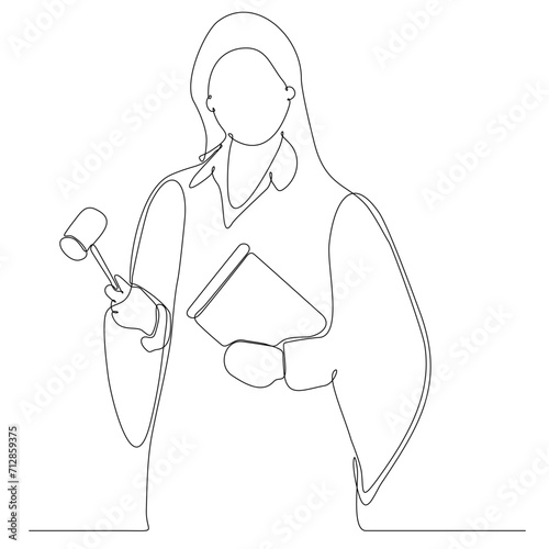 continuous line drawing of a judge holding a hammer isolated on white vector illustration of justice concept