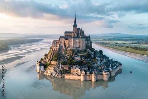 Mont Saint-Michel. Scenic aerial view at sunset, Normandy, France photo