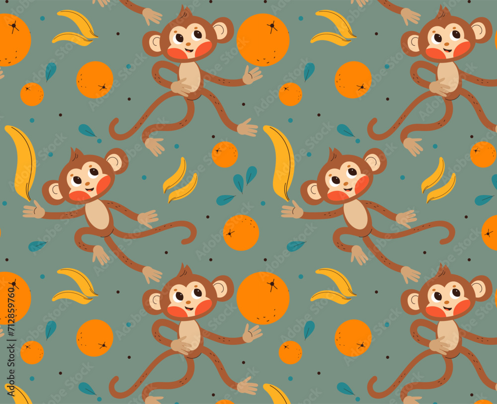 Vector seamless pattern with fun kawaii monkey for baby child nursery textile. Vector cartoon doodle flat illustration. Vector seamless pattern with fun kawaii monkey for baby child nursery textile. Vector cartoon doodle flat illustration.
