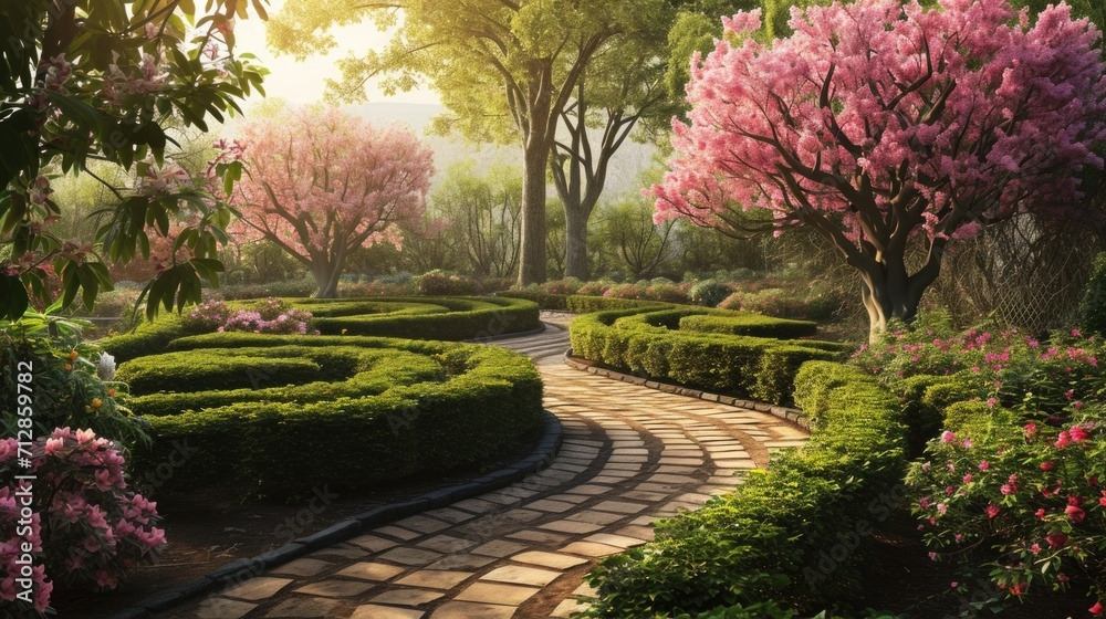 A labyrinth situated in a quiet garden, surrounded by the soothing scents of blooming flowers.