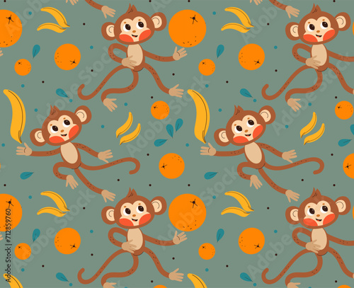 Vector seamless pattern with fun kawaii monkey for baby child nursery textile. Vector cartoon doodle flat illustration.