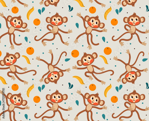 Vector seamless pattern with fun kawaii monkey for baby child nursery textile. Vector cartoon doodle flat illustration.