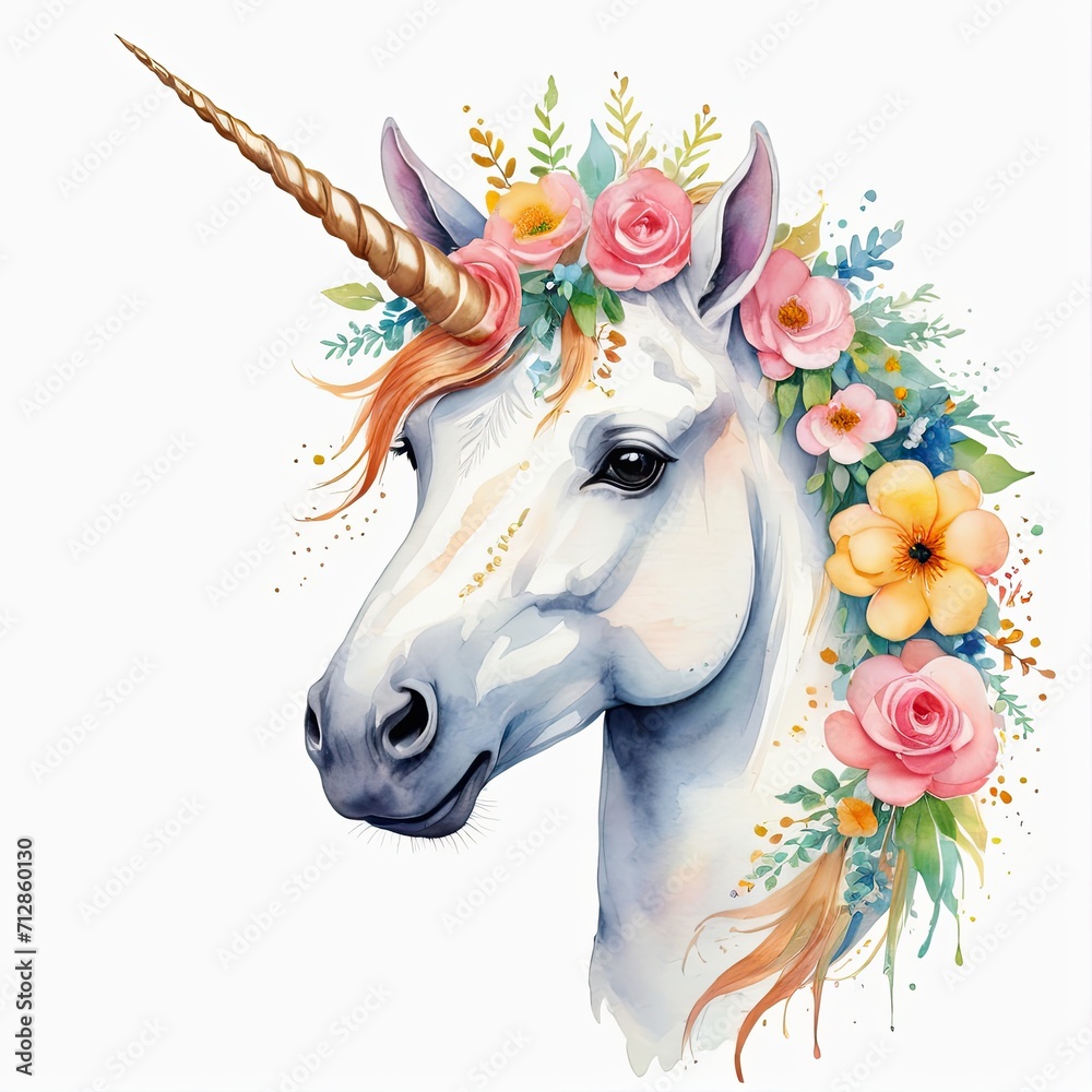 Watercolor unicorn with floral wreath on head