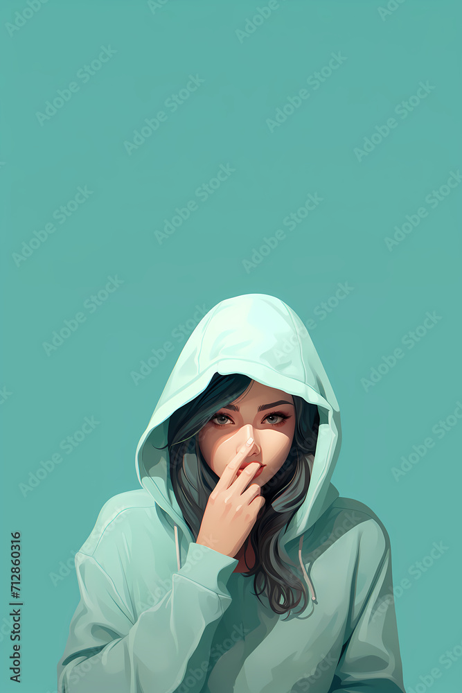 woman wearing a hoodie jacket posing while holding her nose woman wearing a hoodie jacket posing while holding her nose