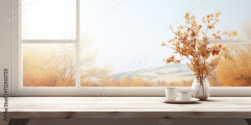 White wooden table and window with autumn view in home.