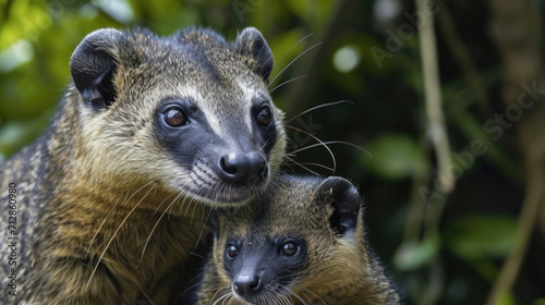 Closeup of a mother coati her nose raised as she cautiously sniffs the air protecting her babies while on the hunt photo