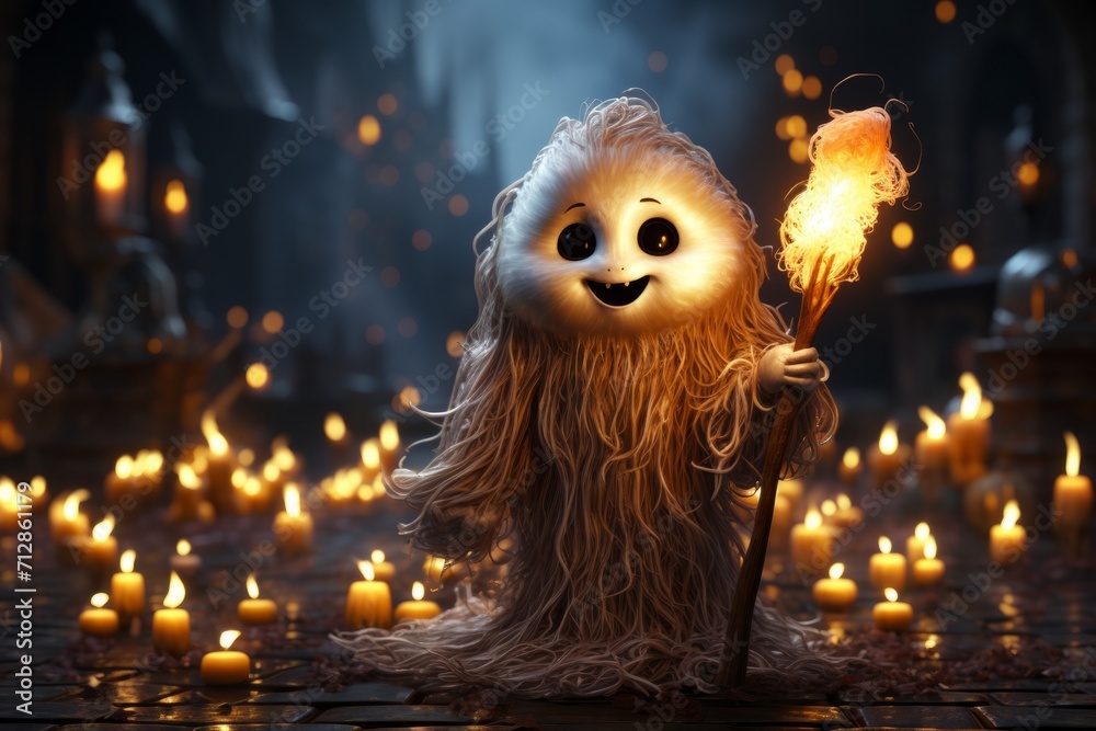 Halloween Ghost with a Tiny Broomstick, Ready for Magical Adventures, on an isolated Magical Midnight background, Generative AI Halloween Ghost with a Tiny Broomstick, Ready for Magical Adventures, on an isolated Magical Midnight background, Generative AI