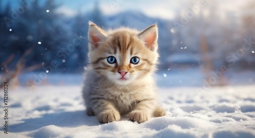 kitten their knees on the snowy ground in winter, hyper realistic