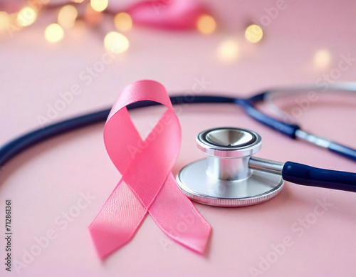 A pink ribbon and a stethoscope on a pink background