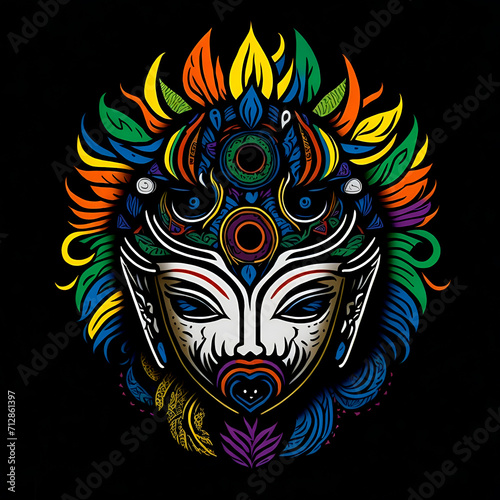 colorful tribal art and folklore illustration on dark backround 