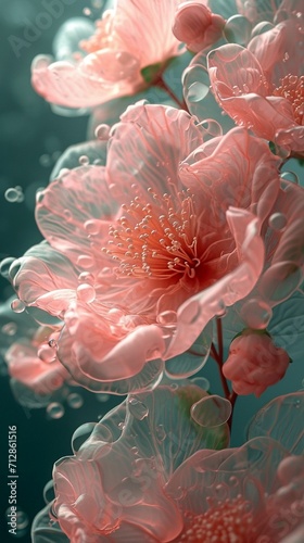 A spring blossom liquid abstract 3D extrusion  with soft pinks  whites  and greens  reminiscent of blooming flowers.