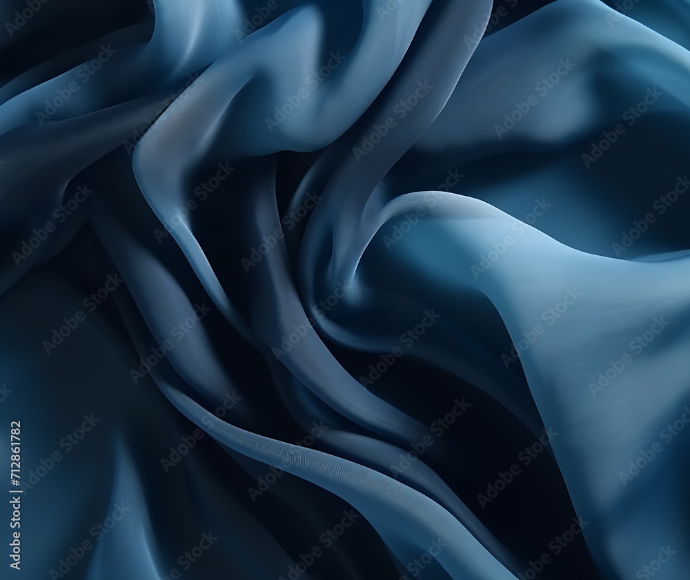 Obraz premium dark blue color satin fabric silk for background. blue fabric textile drape with crease wavy folds, wind movement, background, texture.