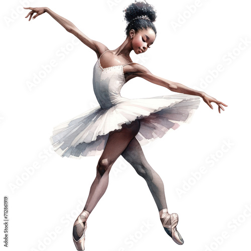 Black girl Ballerina, A watercolor painting of a ballerina Black girl performing an graceful ballet movement, PNG Clipart Transparent Background photo