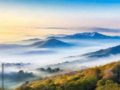 Surreal view from above fluffy clouds blanketing rolling hills at sunrise