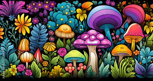 a bunch of colorful mushrooms and other plants