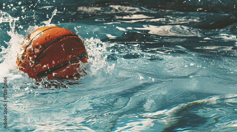 A waterlogged basketball soars through the air, capturing the thrill and fluidity of outdoor sports like water polo and swimming