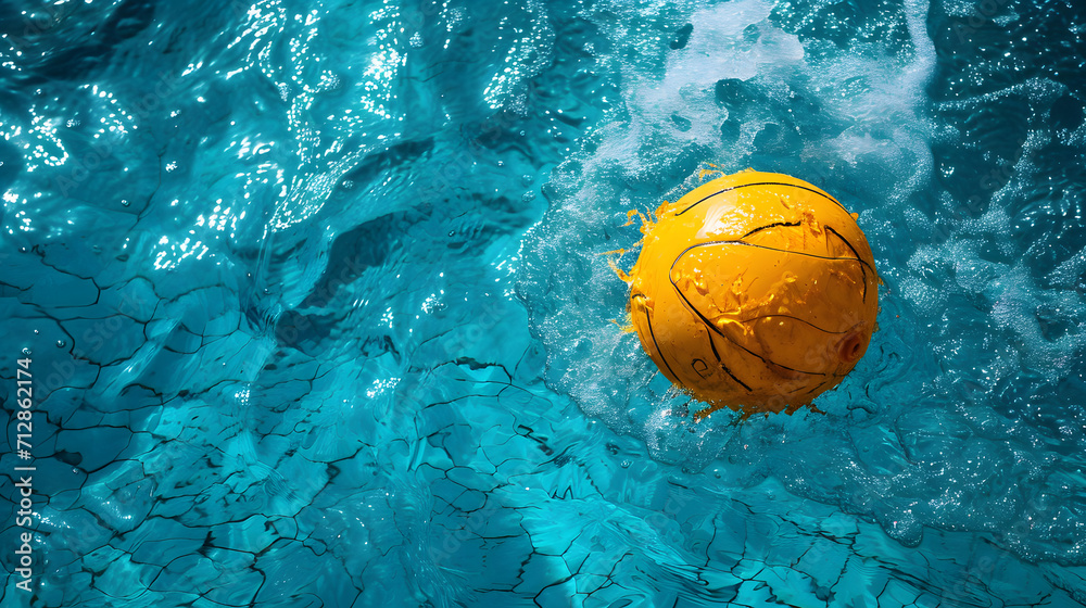 A vibrant yellow ball floats in the water, beckoning players to engage in the fast-paced and challenging game of water polo, where athleticism and precision are key to scoring goals with this essenti