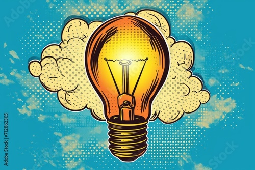 Bulb with clouds pop art retro. Comic book style, background, Illustration