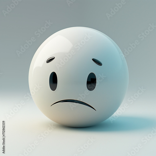 Melancholic Mood: 3D White Sphere with Sad Face Emoji Render