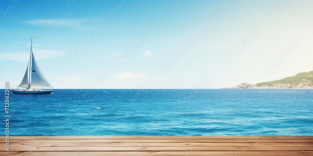 Fototapeta Summer-themed wooden table display with a blue sea background.
