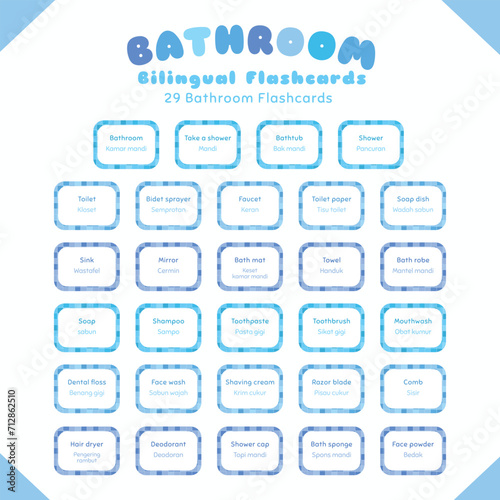 Bathroom bilingual colorful flashcard vector set. Printable bathroom flashcard for kids. English Indonesian language.