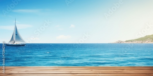 Summer-themed wooden table display with a blue sea background.