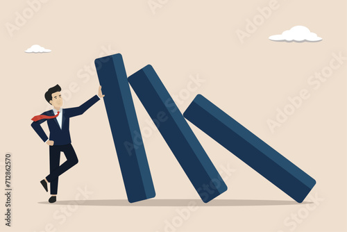 Reliability, supported partner concept, trustworthy or skillful leadership protect, reliable businessman leader protect domino from collapse.