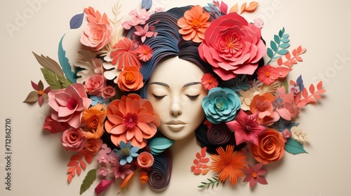 Women's Day hand crafted paper cutout art background, flowers in the shape of a woman's head, in the style of soft gradients