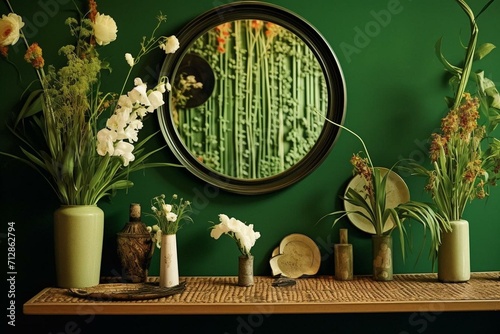 A table with vases of flowers and reeds, beside a wall-mounted mirror on a green wall behind a round mirror. Generative AI