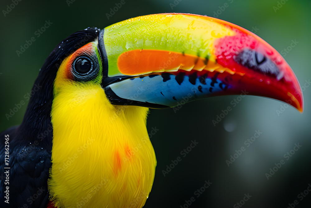 Naklejka premium Discover the vibrant world of a toucan through this stunning close-up shot, highlighting its radiant colors and distinctive beak in intricate detail.