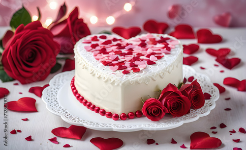 Heart-shaped Valentine s Day cake displayed on a white lace tablecloth  adorned with delicate pink frosting  surrounded by a scattering of red rose petals  romantic mood. Generative AI