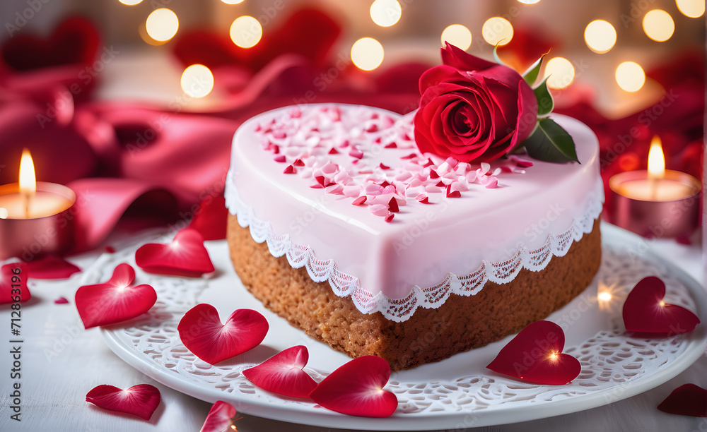 Heart-shaped Valentine's Day cake displayed on a white lace tablecloth, adorned with delicate pink frosting, surrounded by a scattering of red rose petals, romantic mood. Generative AI Heart-shaped Valentine's Day cake displayed on a white lace tablecloth, adorned with delicate pink frosting, surrounded by a scattering of red rose petals, romantic mood. Generative AI
