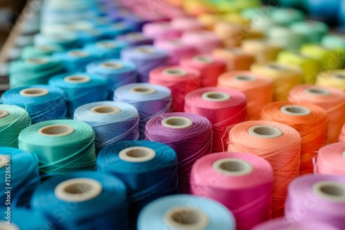 Collection of colorful spools of thread. Close-up photo