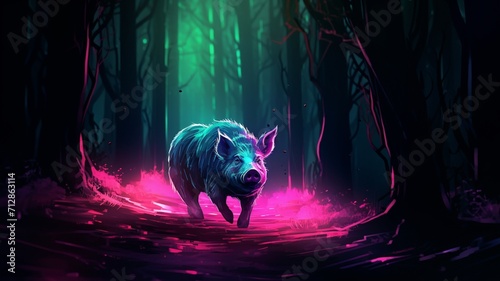 Pig Neon light animal walk through the forest AI Generated image