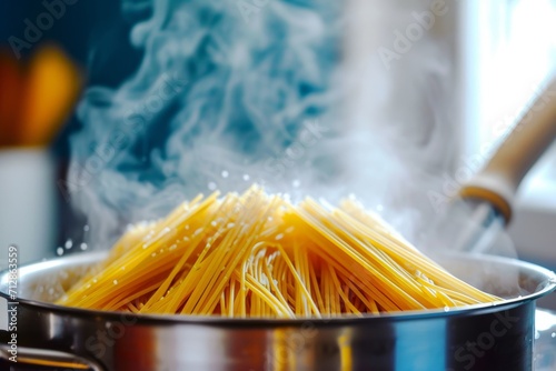 A steaming pot filled with uncooked spaghetti noodles. Close-up