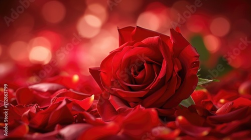 Romance in Bloom Single red rose  central focus  scattered petals  soft bokeh background  romantic theme  vibrant color  selective focus  floral arrangement  intimate atmosphere 