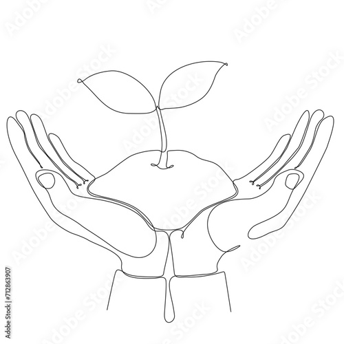 Farmer's hand drawing a straight line is planting seeds into the ground. Hands holding tree in grass field nature. Agricultural ecology concept. Graphic design vector