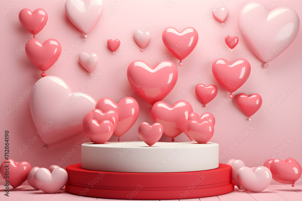 Heart Balloons on Pink Podium for Valentine's Celebration