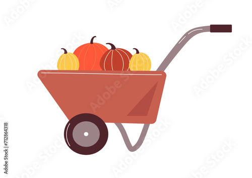 Wheelbarrow with pumpkins, A garden cart loaded with pumpkins. The concept of autumn harvest, autumn abundance. Flat cartoon vector illustration.