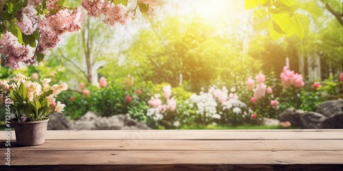 Springtime garden with a wooden table and plenty of free space.