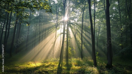 morning sun light rays piercing through the tree generated by ai © Shahida