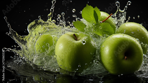 Vivid green apples and mint leaves are captured in a dynamic water splash, set against a black backdrop. 
