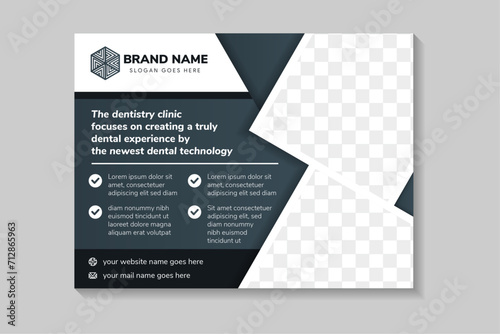 the dentistry clinic banner template, healthy teeth advertisement, horizontal ad, dentist business dark element and background webpage, flyer, creative brochure. diagonal shape for photo space.