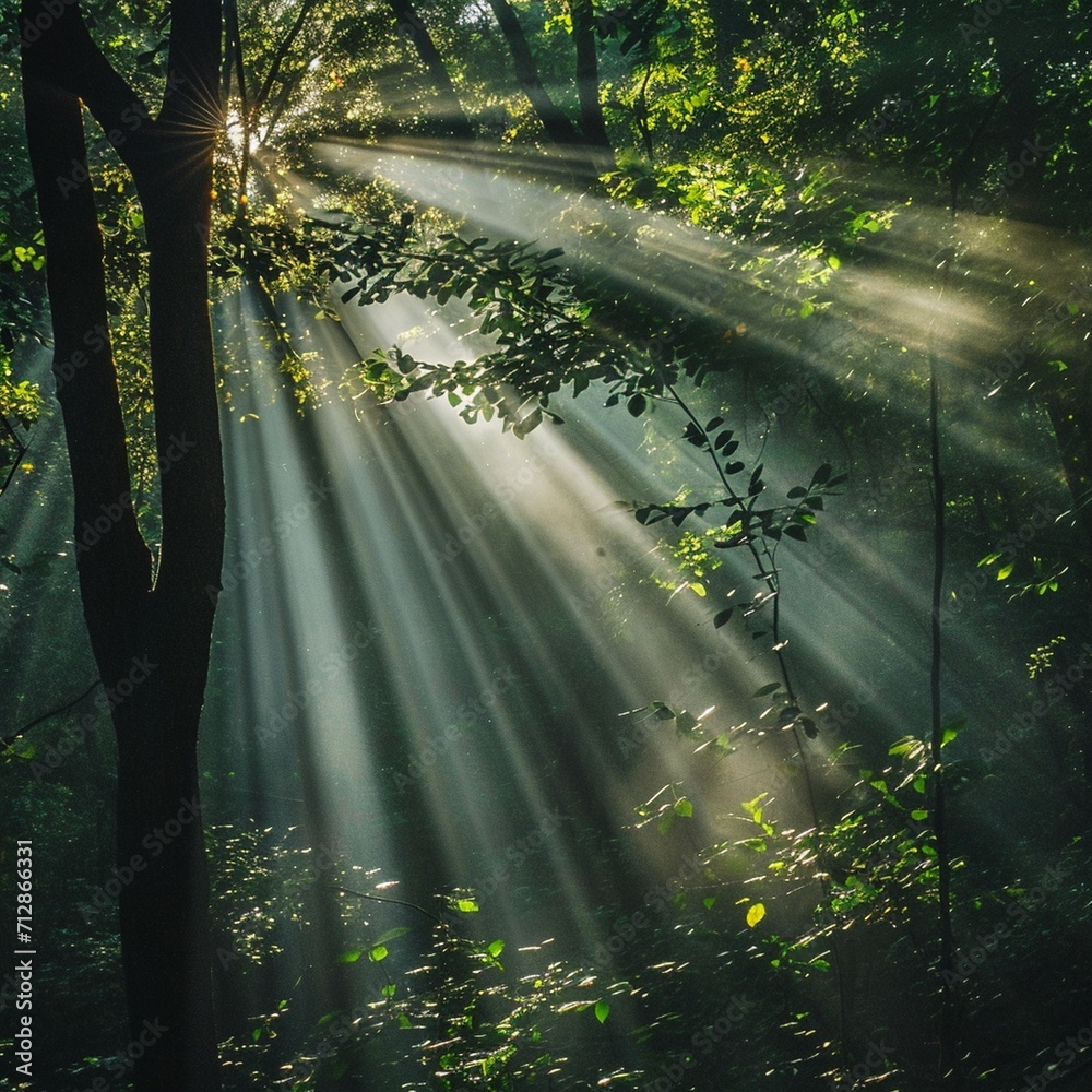morning sun light rays piercing through the tree generated by ai