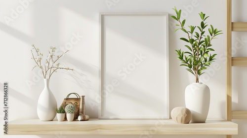 Stylish korean interior of living room with brown mock up poster . Ai Generative photo