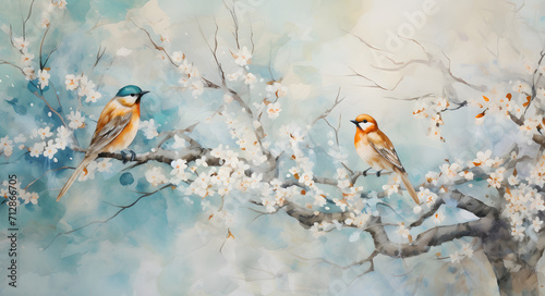 bird on a branch of a tree, watercolor painting of a forest landscape with colorful birds sitting on a tree branch © MstParul