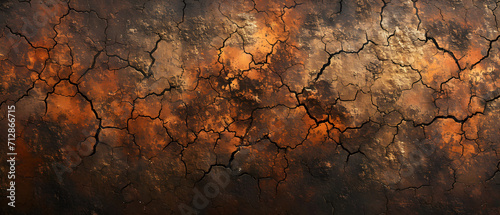 The barren land exuded a fiery glow, its cracked surface revealing shades of brown and amber, a desolate yet strikingly abstract canvas of rusted beauty