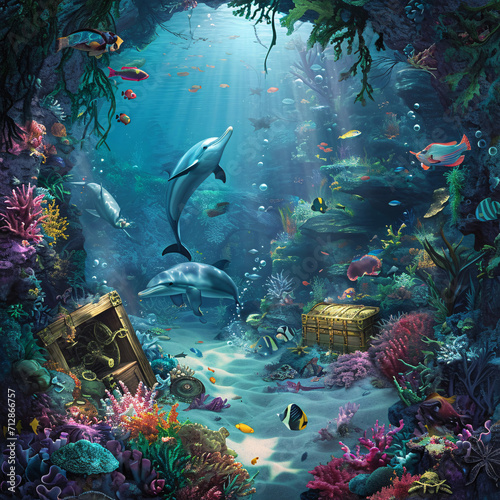 Whimsical Underwater Scenes with Playful Marine Life and Sunken Treasures for Aquatic Themed Design Projects
