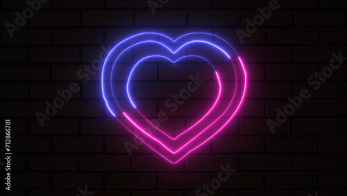 Animated glowing neon heart shape sign isolated on bricks wall. Abstract background with bright pink and blue neon heart shape