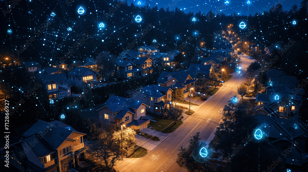 Nighttime connectivity: Dive into the world of DX, IoT, and digital networks in a suburban setting. Smart homes engage in data transactions, portrayed with generative AI finesse.